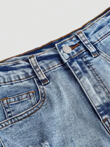 SHEIN Girlism Shorts vaqueros de mezclilla desgastada con bolsillos en diagonal para niñas preadolescentes, conjuntos de ropa de verano para niñas estilo bohemio casual
