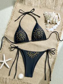 Swim Mod Women's Resort Beach Sunflower Embroidered Swimsuit Set For Summer Beach Vacation - Black - View 1