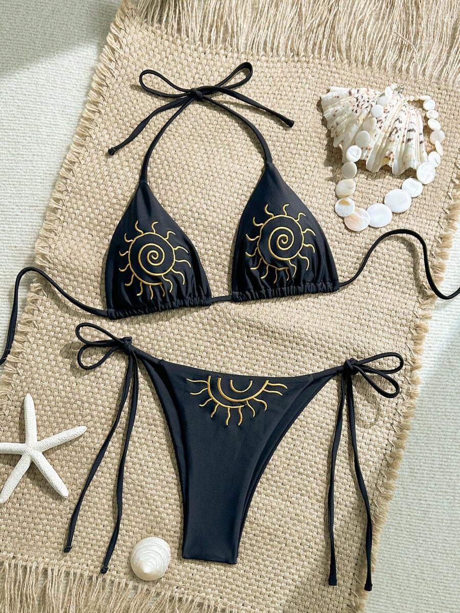 Swim Mod Women's Resort Beach Sunflower Embroidered Swimsuit Set For Summer Beach Vacation - Black - View 1