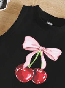 SHEIN Leap Crew Young Girl Minimalist Cartoon Pattern Sleeveless Round Neck Tank Top, Suitable For Summer - Black - View 3