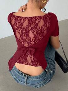 Siren Gaze Women Bow Lace Splicing Slimming Black Sexy Short Shoulder Exposing Tops Christmas Summer New Year Red Burgundy Valentine's Day - Burgundy - View 3