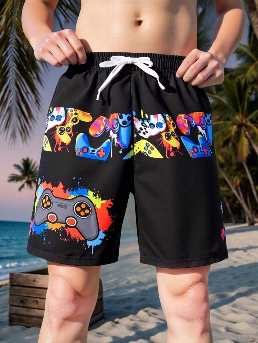 Tween Girl Cartoon  Game Controller Print Print Drawstring Waist Beach  Shorts,Kid Swimming Trunks - Black - View 1