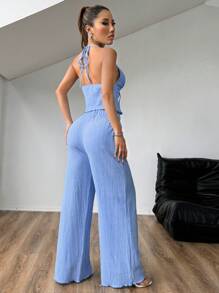 Flirla Quần ống rộng cổ yếm xếp ly vải có kết cấu - Màu xanh lam - Xem 2