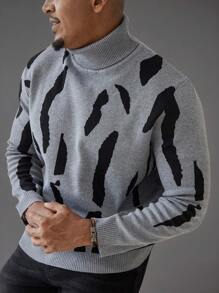 Manfinity Homme Plus Size Men Geometric Pattern Turtleneck Long Sleeve Casual Sweater, Autumn/Winter - Multicolor - View 4