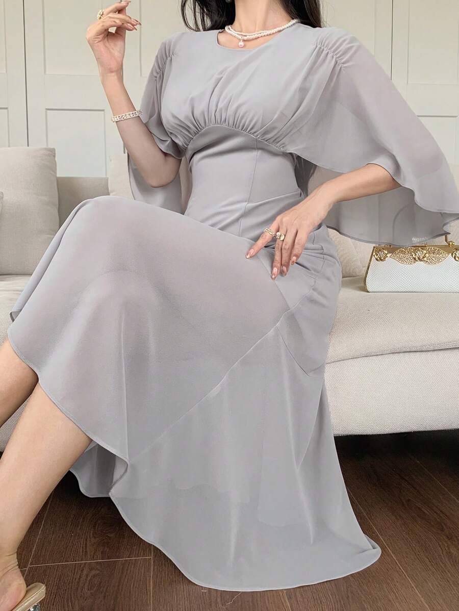 DAZY 女士优雅纯色褶皱中长连衣裙 - 灰色 - 查看 1
