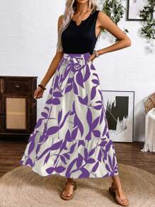 SHEIN Clasi 春夏印花拼接长裙（中长A字无袖针织拼接A字毽子叶子印花连衣裙）度假沙滩装女