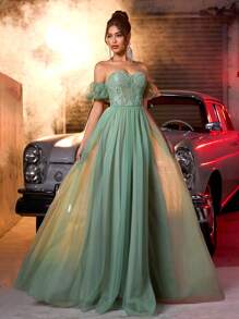 Glamrae Elegant Sage Green Off-Shoulder Lantern Sleeve Lace Waist Sheer Ruffle A-Line Maxi Dress With Side High Slit & Adjustable Strap, Suitable For Date, Vacation, Singles Party, Wedding, School Formal, Formal Evening Gown, For Wedding Guest