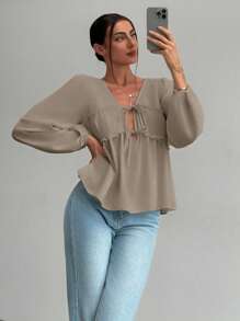 Aloruh Romantic Date Tie-Bow V-Neck Ruffled Lantern Sleeve Loose Women's Blouse - Coffee Brown - View 5