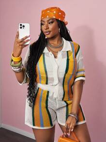 Slaydiva 2pcs Set 2025 Spring & Summer Casual & Beach Resort Knitted Collared Short Sleeve Blouse With Pocket And Shorts, Colorful Stripe Contrast Knitted Set, Plus Size Women