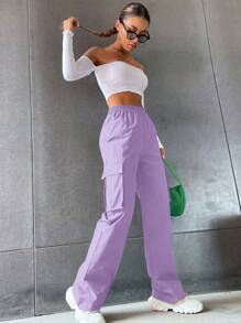 Hanevo Celana Panjang Kasual Model Lurus dengan Pinggang Elastis dan Kantong, Warna Polos - Purple - View 5