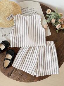 LMoss Kids 2 件套：V 领开衫和短裤，年轻女孩，编织条纹图案