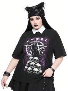 ROMWE Plus Size Women Gothic Dark Cat & Skull Print Plus Size T-Shirt - Black - View 3