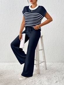 EMERY ROSE Bộ 2 bộ đồ dệt kim rút viền gân màu tương phản rộng rãi thoải mái cho nữ - Màu xanh hải quân - Xem 6