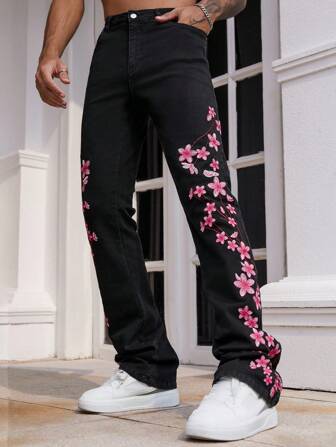 Jeans évasés à empiècements en dentelle fleurie pour homme