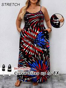 SHEIN CURVE+ 加大码美国国旗印花无袖吊带背心口袋长款，高腰女式超长连衣裙，曲线加大，波西米亚风度假海滩装女士/沙滩裙/海滩度假装/海滩必备品/毕业/茶会礼服 - 彩色 - 查看 1