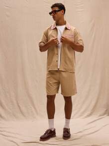 Musero Contrast Collar Button Through Pinstripe Short Sleeve Shirt Only Spring Summer Streetstyle Holiday Vacation - Khaki - View 4