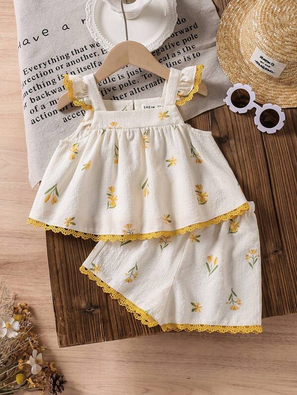 LMoss Kids Set 2 bucăți pentru fetiță Ditsy Floral Gât pătrat cu volane, top și pantaloni scurți casual