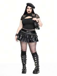 ROMWE Goth Camiseta gótica sexy de talla grande con cuello de malla con corte por láser, empalmado y decoración de remaches metálicos - Negro - Ver 1