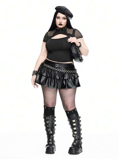 Goth بلايز جوتية قطاعة بالليزر كبيرة الحجم، تي شيرت بياقة معدنية مرصعة ذو لمسات مثيرة من الشبك المفتوح