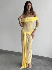 Aloruh Women's Elegant Apricot Lace Maxi Dress: Sleeveless, Off-The-Shoulder Design With Twist Detail - Apricot - View 1