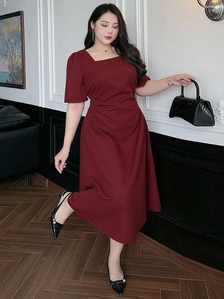 Dazy Plus Plus Size Christmas Red Square Neck Puff Sleeve Fitted Long Dress, Summer Party Women Dresses Birthday, New Year