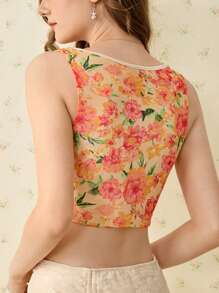 SHEIN MOD Flounce Collar Ruched Hem Floral Print Romantic Blouse,Hippie,Streetwear  , Rave, Boho,Romantic ,Spring ,Date Night ,Tropical  , Vacation ,Hawaiian ,Bachelorette,Coquette ,Going Out ,Floral,Club Outfits Women Dress - Multicolor - View 2