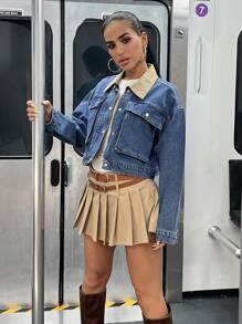 RueChic Velvet Collar Pocket Detailed Denim Jacket - Medium Wash - View 5