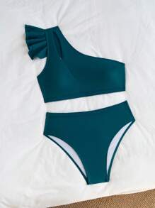 Swim Basics Women's Summer Vacation Beach Ruffled One Shoulder Bikini Set - Blue - View 3
