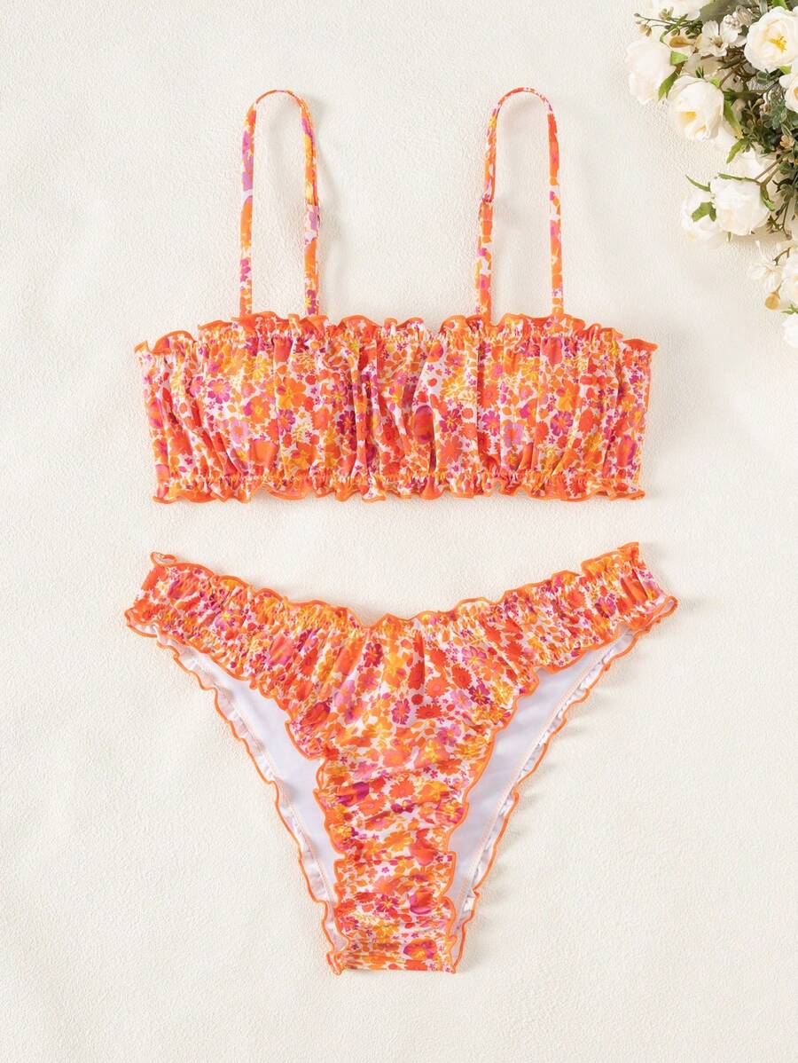 Swim Vcay Springbreak 荷叶边和小碎花抹胸和三角比基尼两件套泳衣，甜美女士泳装，适合海滩度假、休闲泳池派对 - 彩色 - 查看 1