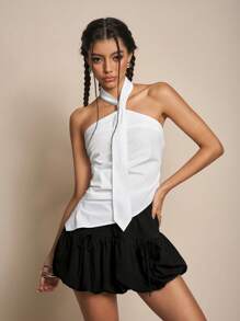 SHEIN EZwear Vestido casual de mujer con lunares negros y malla azul, con decoración de moño y bajo asimétrico, para primavera/verano - Azul - Ver 6