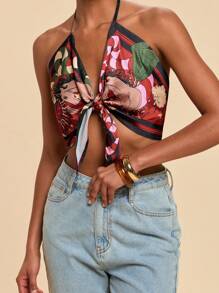 Travachic 女士度假马匹印花前结性感短款上衣，夏季图案印花，度假，波西米亚风，海滩，休闲女士飘逸防晒上衣波西米亚风女士，热带女士，毕业典礼，老钱风格女士，母亲节 - 彩色 - 查看 5