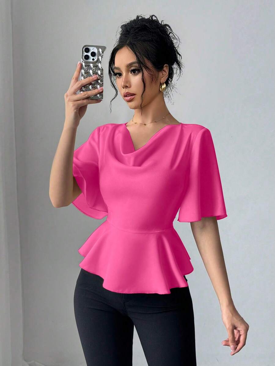Chiquease Satin Draped Neck Ruffle Collar Slim Fit Blouse For Women, Spring/Summer - Hot Pink - View 1
