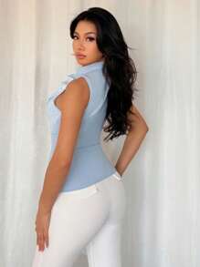 Chiquease 不对称肩带挂领带休闲通勤度假风格女士衬衫/衬衣，春夏 - 淺藍色 - 查看 2