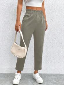 SHEIN PETITE Women Casual Solid Elastic Waist Cropped Pants