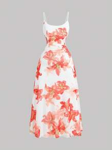 SHEIN MOD Plus Size Vintage Watermelon Print Burgundy & Pink Floral Elegant Mesh Insert Camisole Dress,Summer Outfits For Women