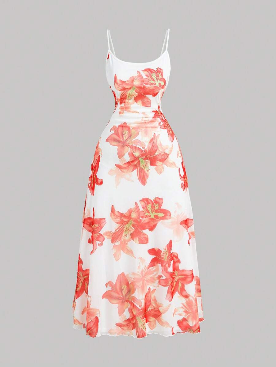 SHEIN MOD Plus Size Vintage Watermelon Print Burgundy & Pink Floral Elegant Mesh Insert Camisole Dress,Summer Outfits For Women