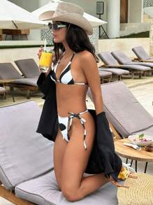 Swim Vcay 3pcs Black & White Striped Neck Tie Back Knotted Asymmetric Maxi Dress Bohemian Style Summer Beach Metal Embellished Women's Swimwear Set - Black and White - View 5