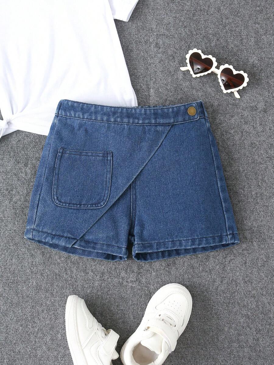 Young Girl' Distressed Loose Straight Leg Blue Denim Shorts With Wrap Front, Versatile & Fashionable For Daily Wear - Dark Wash - View 1