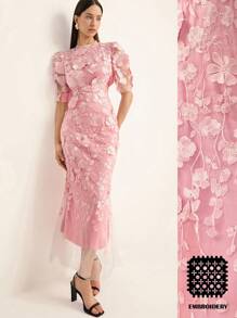 Aveloria Rosie 意大利浪漫情人节刺绣立领收腰鱼尾下摆长款女士短袖连衣裙，春季女士服装优雅时尚风格全印花夏季 - 粉色 - 查看 1