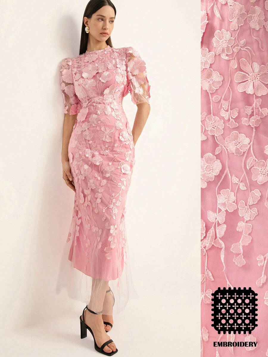 Aveloria Rosie 意大利浪漫情人节刺绣立领收腰鱼尾下摆长款女士短袖连衣裙，春季女士服装优雅时尚风格全印花夏季 - 粉色 - 查看 1