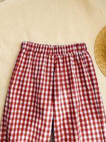 SHEIN LMoss Kids LMoss Young Girl Woven Plaid Loose Casual Pants - Red - View 6