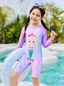 SHEIN Girls Cartoon Print One-Piece Swimsuit, Beach Wear With Sun Protection, Summer - Multicolor - View 1