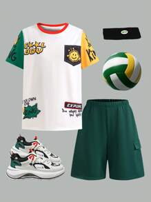 SHEIN 2 Packs Tween Boy Casual Sports College White T-Shirt And Green Shorts Set With Graffiti Multi-Color Stitching Suitable For Kids Outfits Toddler Boy Clothes Back To School Boys Set Suitable For Birthday Parties, Evening Parties, Performances, Weddings, Baptisms, Opening Ceremonies Daily Suitable For Daily Use Suitable For School Suitable For Travel Suitable For Sports Suitable For Spring And Summer Seasons