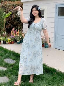 Dazy Plus Floral Print Tie Waist Puff Sleeve Slim Fit Maxi Chiffon Dress Women Dresses Birthday Women Dresses Elegant Gown