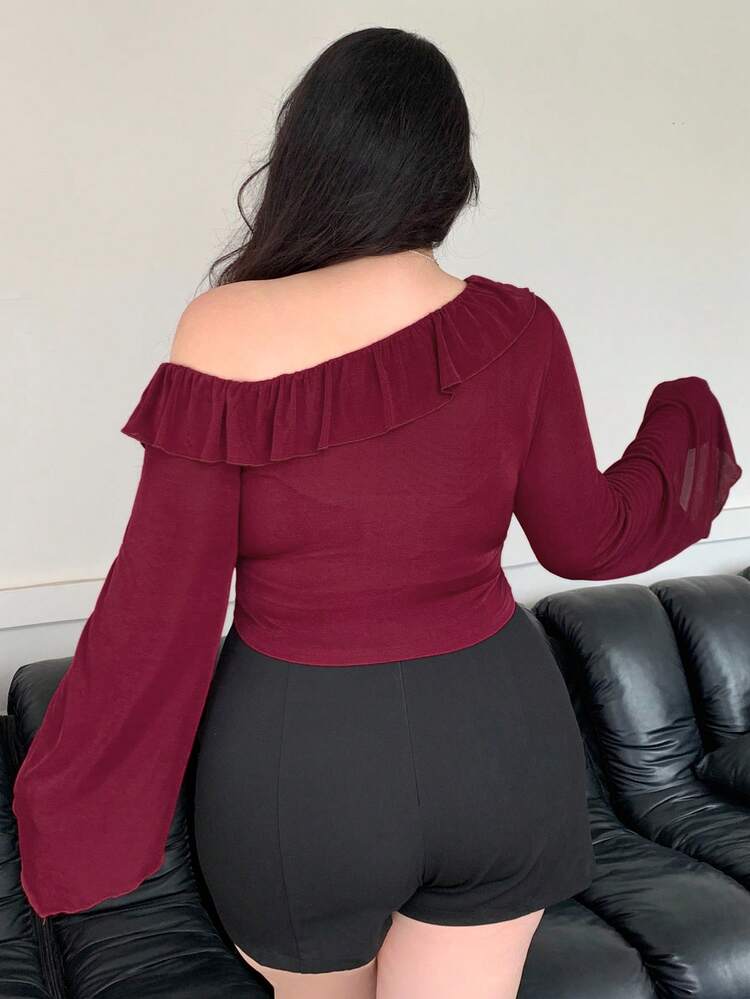 Dazy Plus Plus Size Velvet Ruffle Off Shoulder Fitted Flared Sleeve Magenta Long Sleeve T-Shirt,Fall Clothes