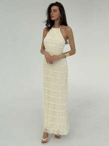 Aloruh Sexy halterjurk met blote rug en gelaagde textuur voor strand/resort, wit, lente/zomer