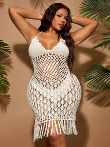 SHEIN SXY Vestido de suéter de cuello halter de unicolor talla grande, de moda para el verano