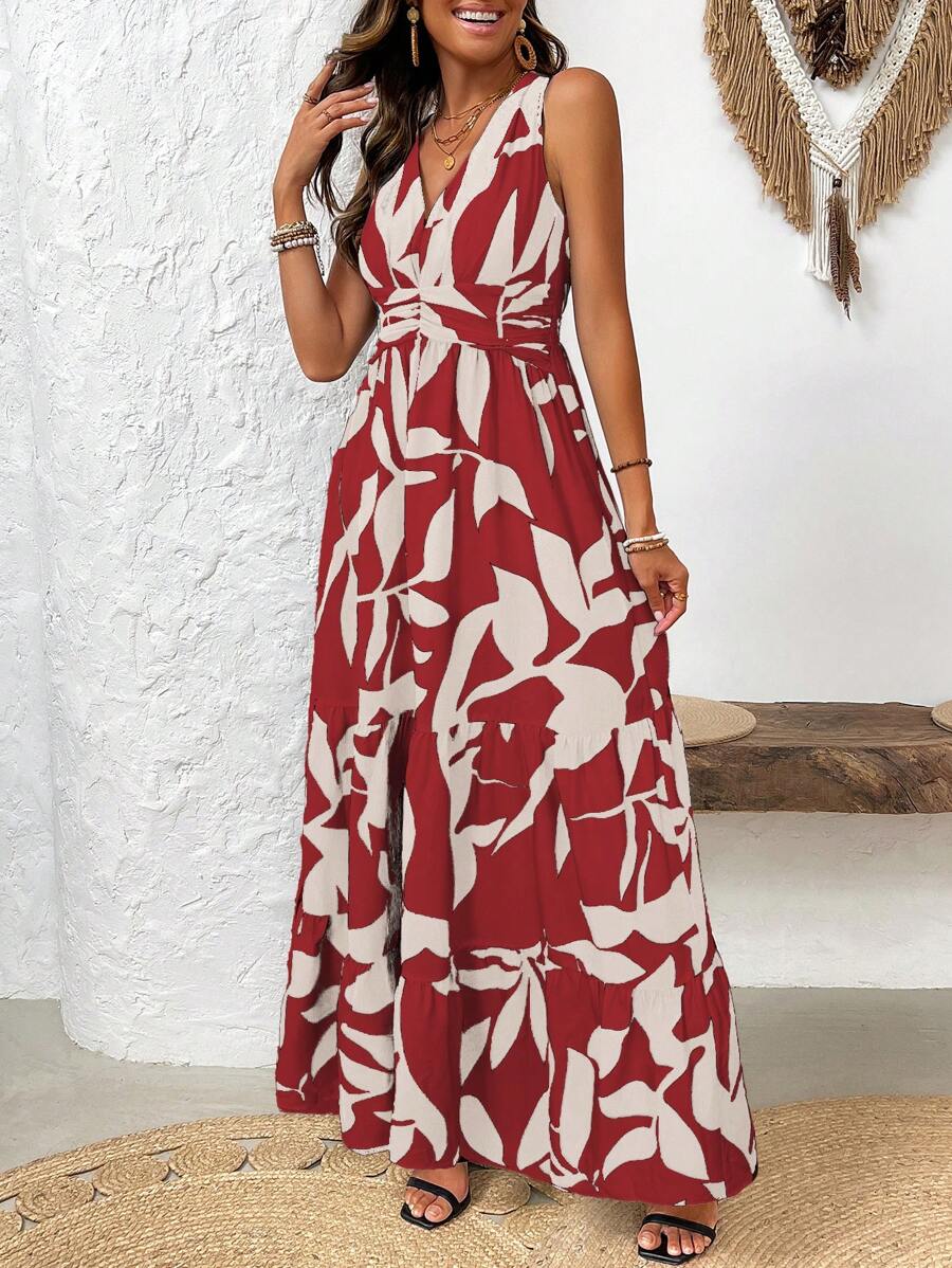EMERY ROSE Váy không tay cổ chữ V in họa tiết toàn bộ và viền nhún bèo cho trang phục đi biển mùa hè dài - Đỏ - Xem 1