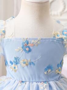 SHEIN Glamorique Kids 女婴 0-3 岁优雅公主花卉网眼泡泡袖粉色连衣裙，春夏 - 藍色 - 查看 8