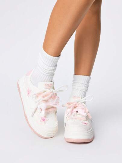 Kawaii Baskets Lolita à lacets pour femmes, chaussures de course casual à semelle souple, chaussures de sport à plateforme compensée